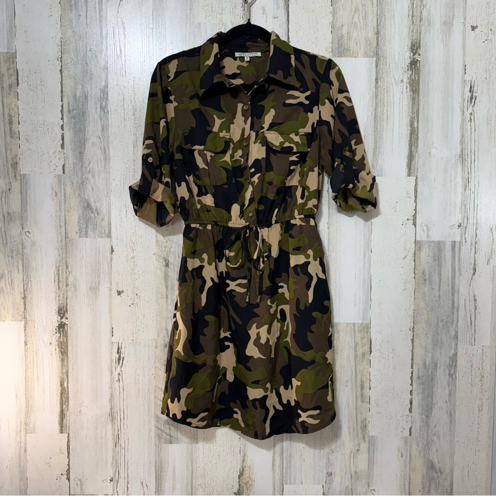 Green and Brown Cuffed Sleeve Mini Dress